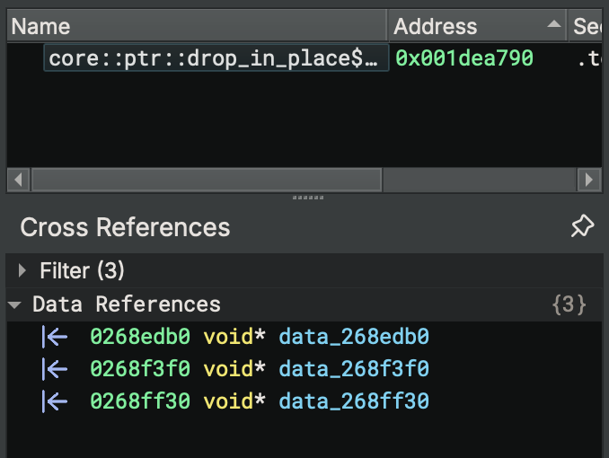 A view into the cross-references of this function on Binary Ninja shows three data references, each corresponding to a different v-table.