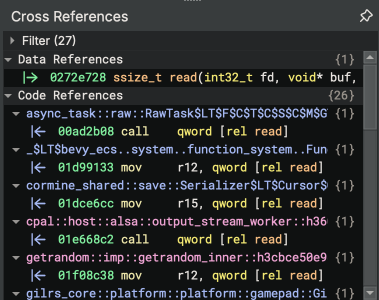 A view into the cross-references for the libc read function shows several functions using it.