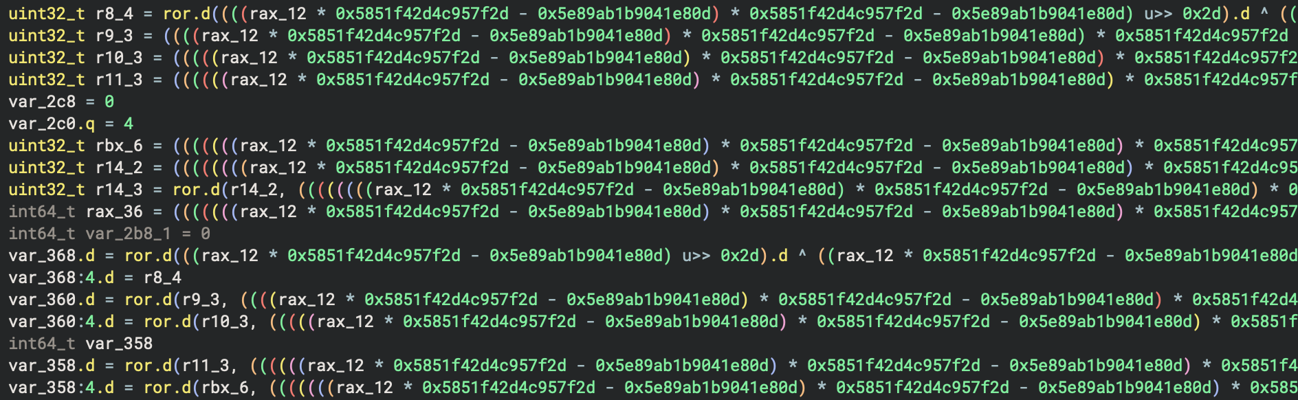 A decompilation output from binary ninja showing a mess of arithmetic operations with very large numbers. A variable that uses the RAX register seems to shows up frequently in these operations.