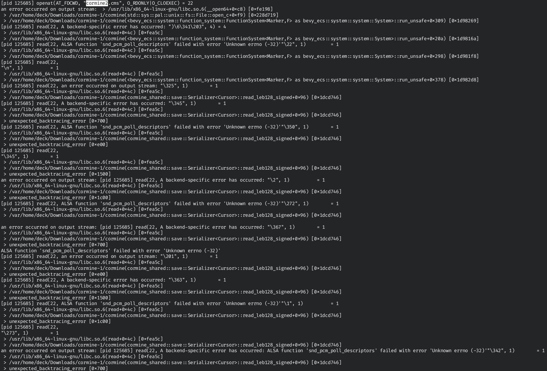 An extract of the output of the strace tool being applied to the game executable, showing how the game reads the save file by interacting with the Linux operating system through syscalls.
