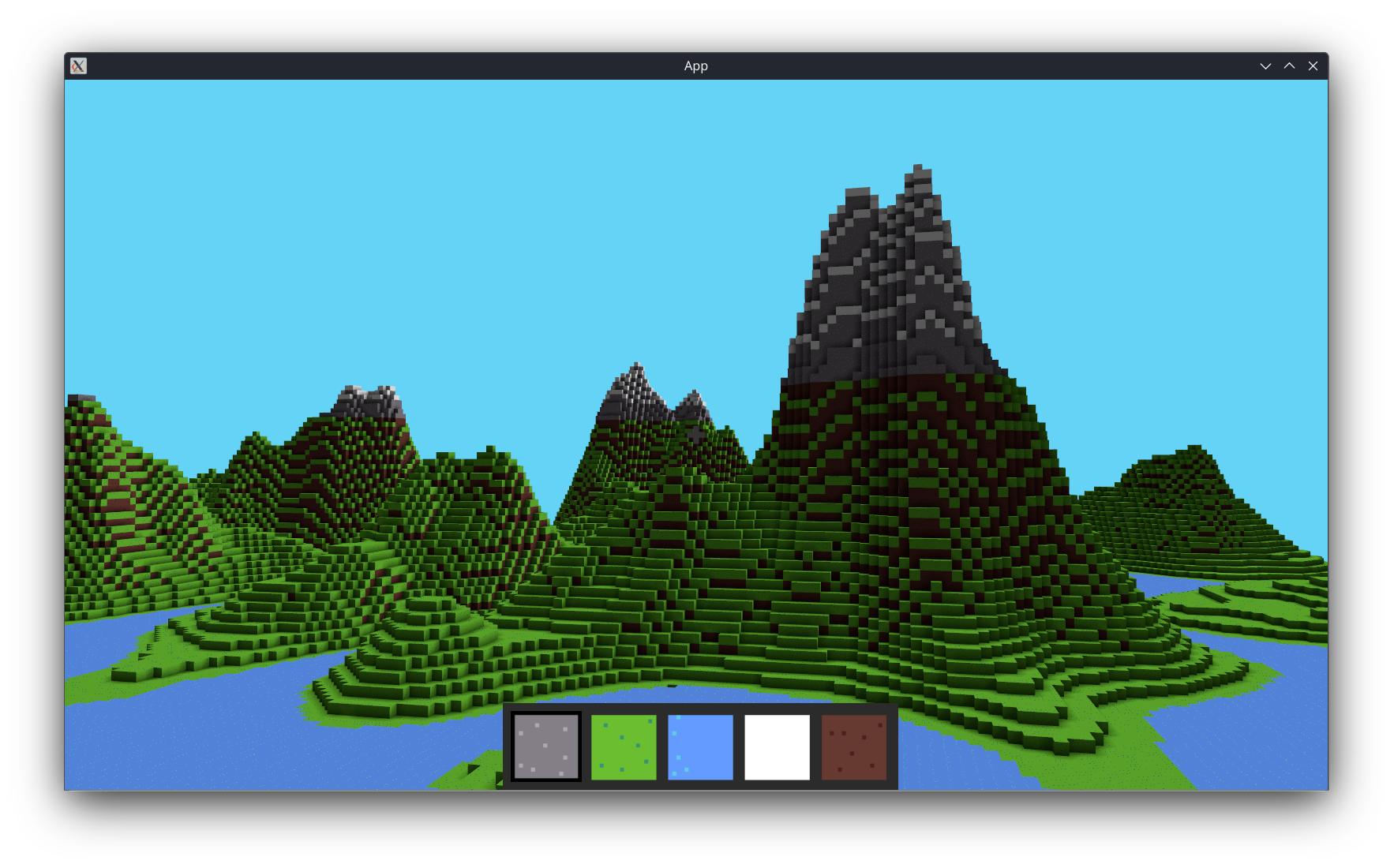 The corMine game running on a window, showing a beautiful voxel landscape.