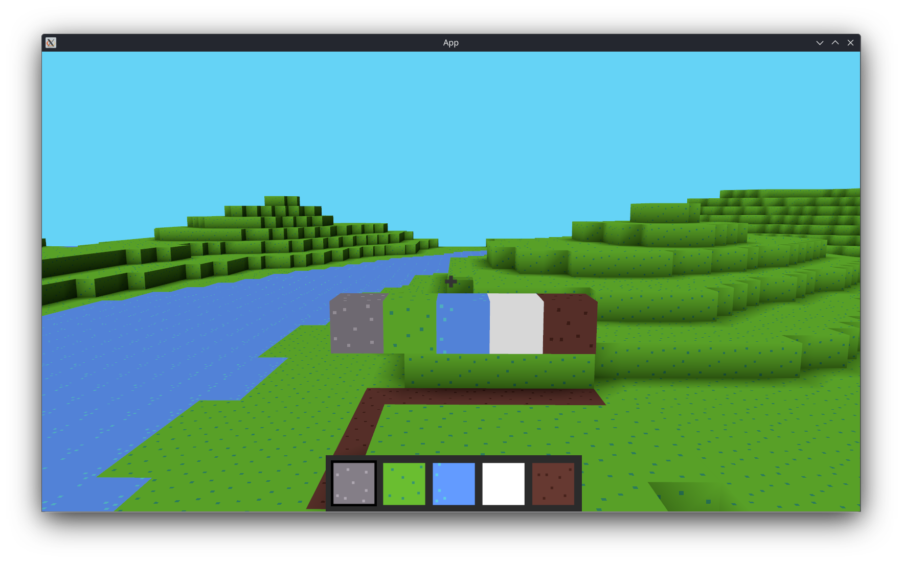 A showcase of the 5 blocks the player has available to place: stone, grass, water, ice and dirt.