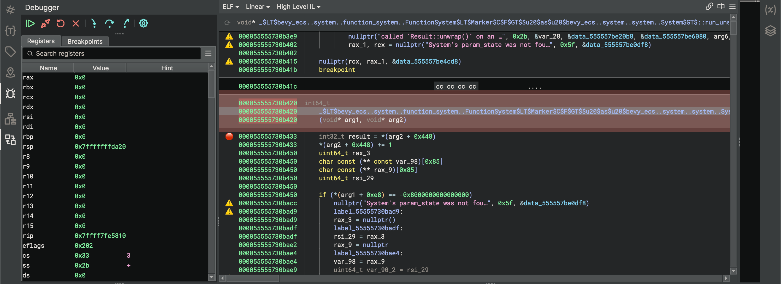 A view of the Binary Ninja debugger, showing the code decompilation output front and center, and the current values of the CPU registers at one side. A breakpoint is placed on the function being targeted.