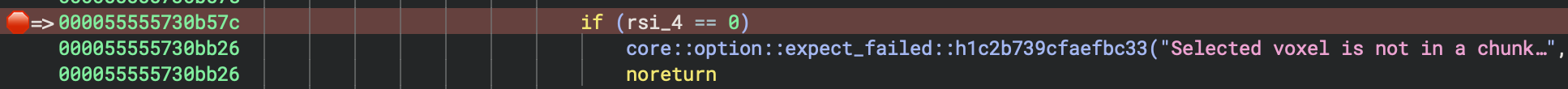 The Binary Ninja debugger again, showing a breakpoint being placed at the aforementioned address. The code is checking if the RSI register equals 0; if so, the program seems to panic with a Selected voxel is not in chunk error.