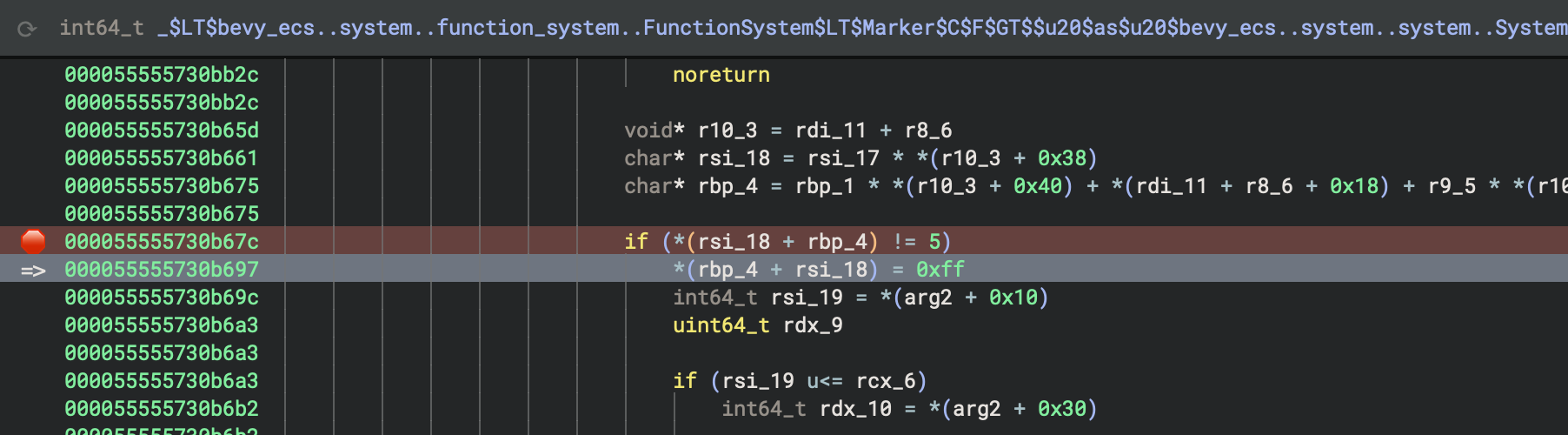 The Binary Ninja debugger again, highlighting the decompiled code around a conditional branch.