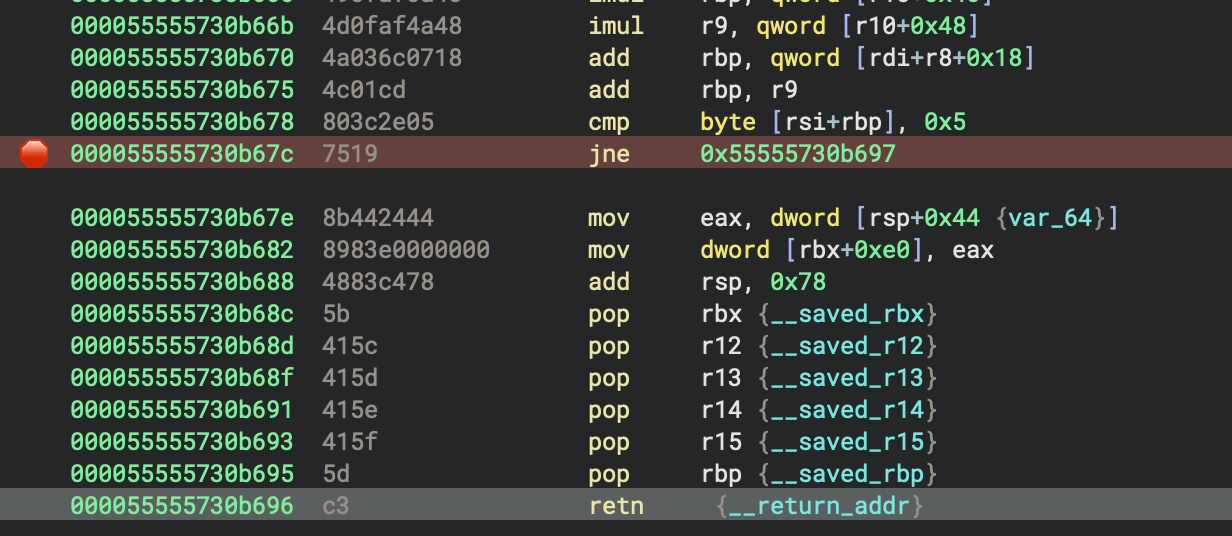 The same code as in the previous image, but in disassembly form. The check is implemented as a JNE (Jump if Not Equal) instruction, and it is shown that, were the jump not taken, the execution would quickly return control to the caller.