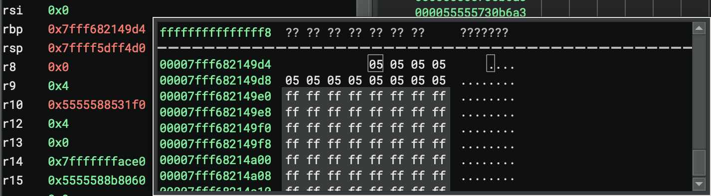 Memory view of the memory pointed at by the RBP register when checking the bedrock block, showing a small cluster of twelve fives surrounded by bytes with the value 255.