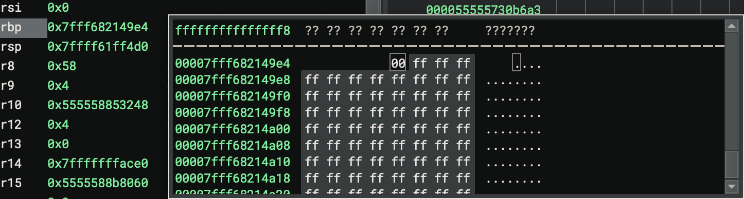 Memory view of the memory pointed at by the RBP register when checking the stone block, a single byte with value 0 followed by bytes with the value 255.