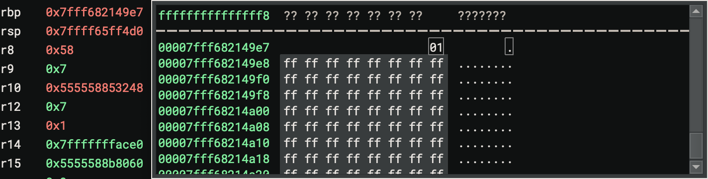 Memory view of the memory pointed at by the RBP register when checking the grass block, a single byte with value 1 followed by bytes with the value 255.