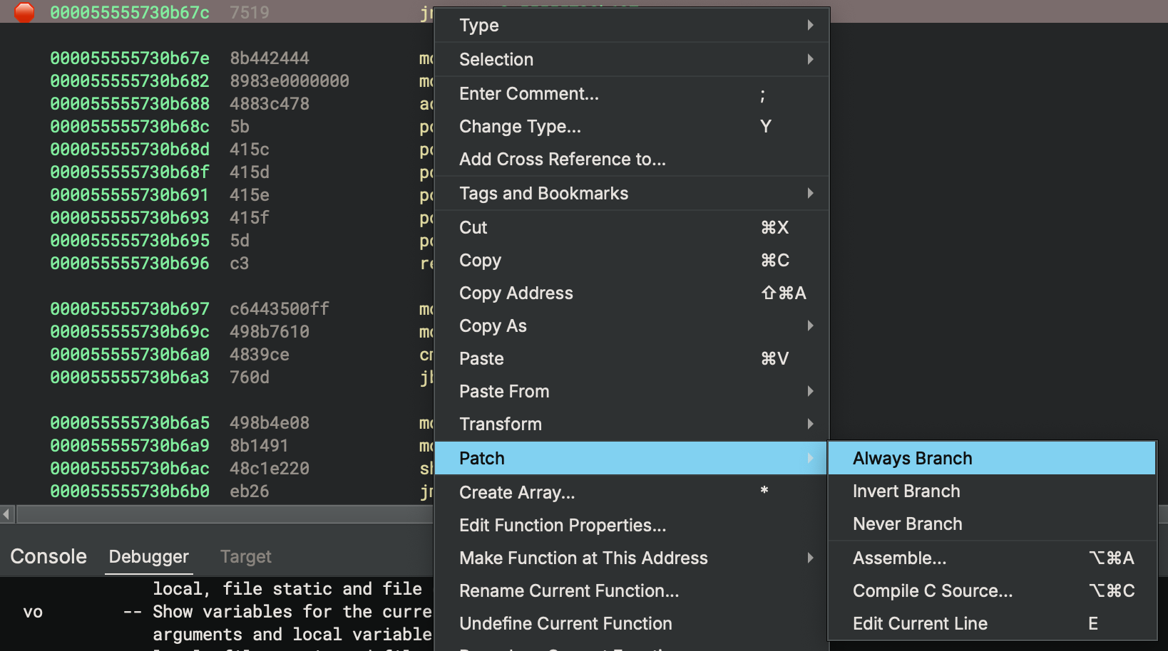 Right-clicking on the instruction to patch on Binary Ninja, we can go to the Patch dropdown menu and select various quick actions to patch the instruction such as Always branch and Invert branch.