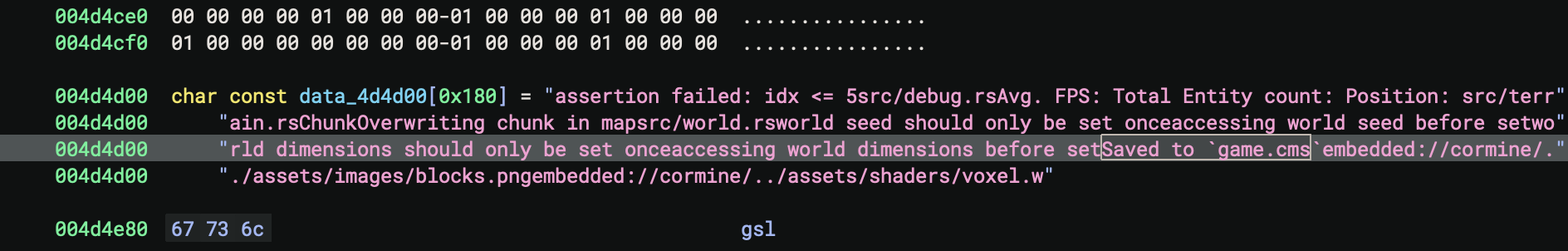 Examining the game executable with the program Binary Ninja, the string can be found packed alongside many other strings.