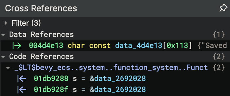A view of the cross-references for this reference, showing two references on a function.