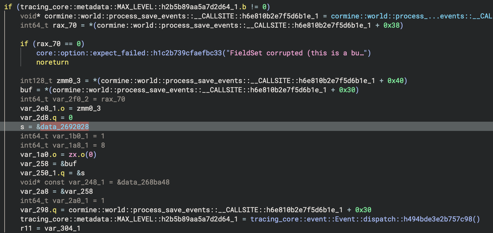 An excerpt of the decompilation of the function in question shows the string being used here.