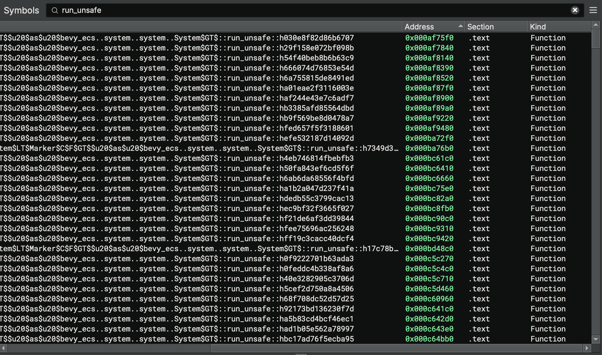 A search for symbols containing the string run_unsafe shows that there are a lot of them named very similarly.