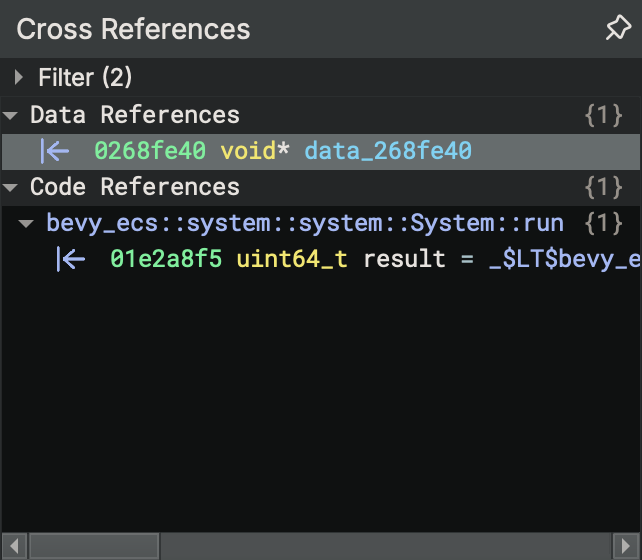 The cross-references view shows a data reference and a code reference for this function.