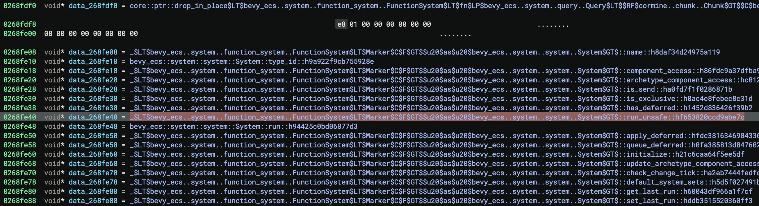A view of the v-table for the instance of FunctionSystem, containing many pointers to many functions.